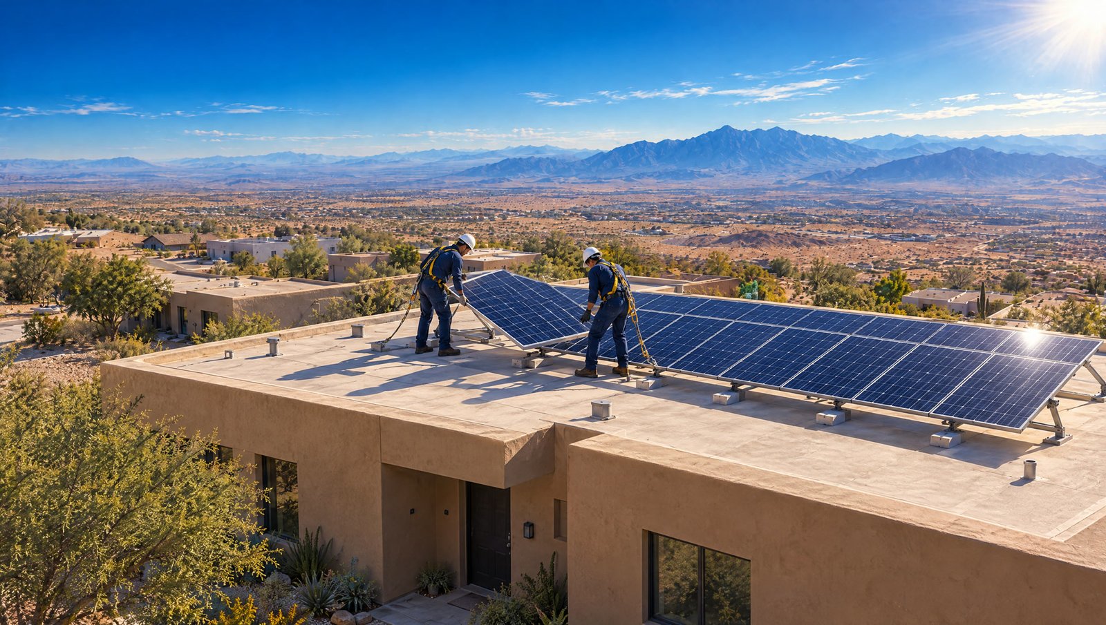 Equipo instalando paneles solares en una azotea