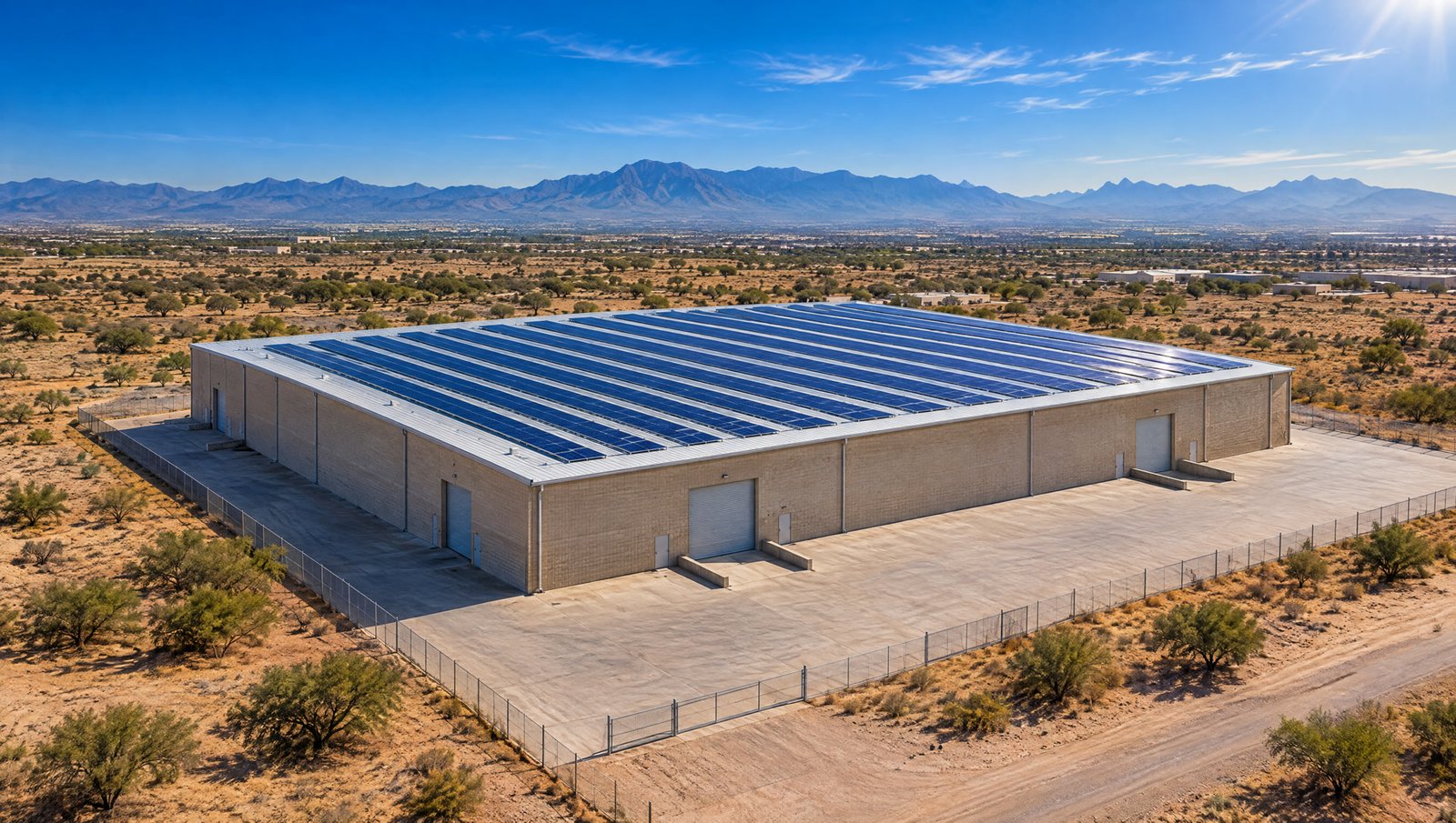 Nave industrial con filas de paneles solares